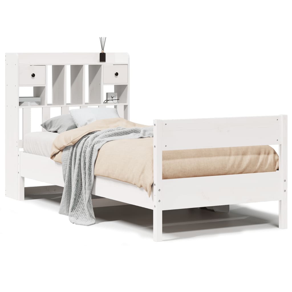 Lit bibliothèque sans matelas blanc 90x200cm bois de pin massif - XIOS