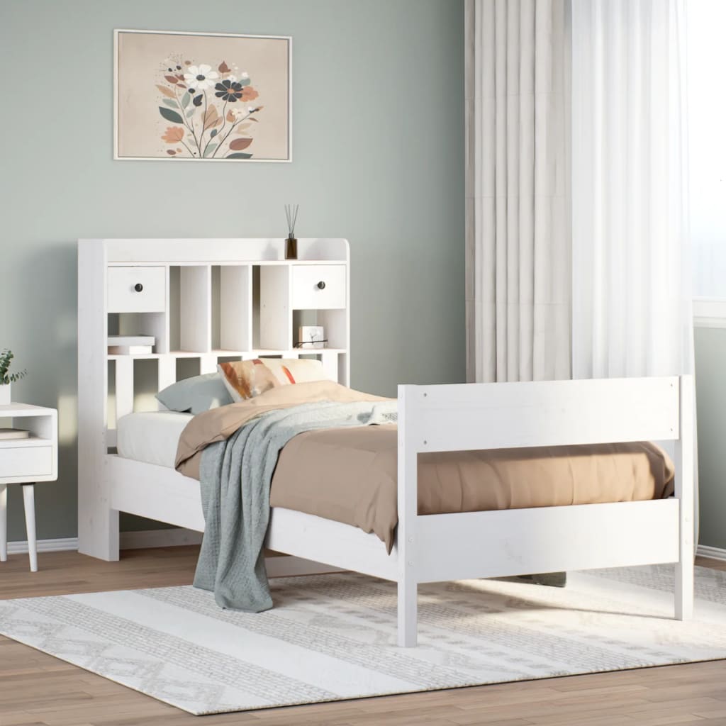 Lit bibliothèque sans matelas blanc 75x190cm bois de pin massif - XIOS