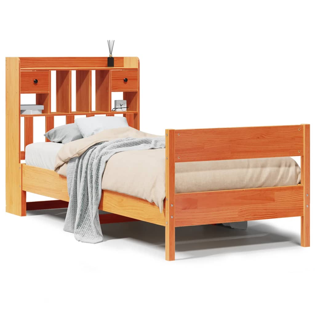 Lit bibliothèque sans matelas cire marron 75x190 cm pin massif - XIOS