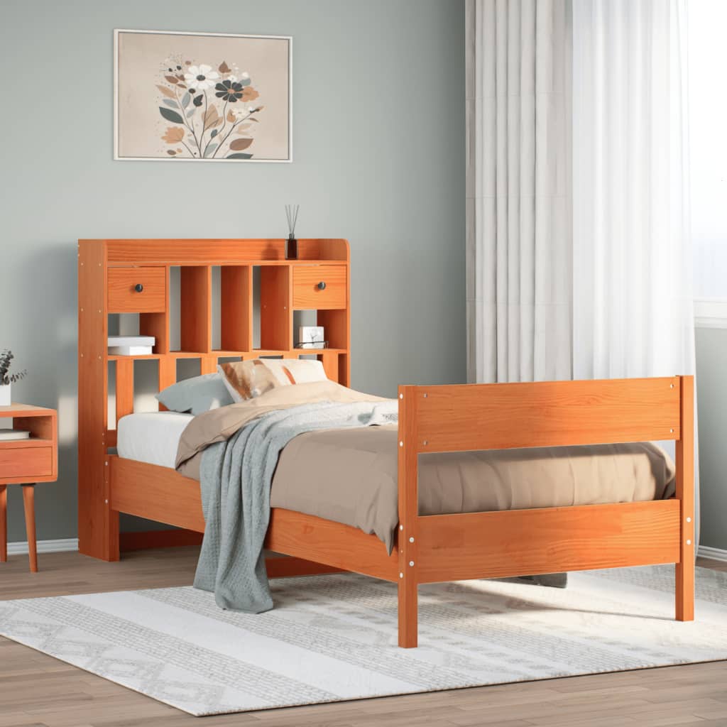 Lit bibliothèque sans matelas cire marron 75x190 cm pin massif - XIOS