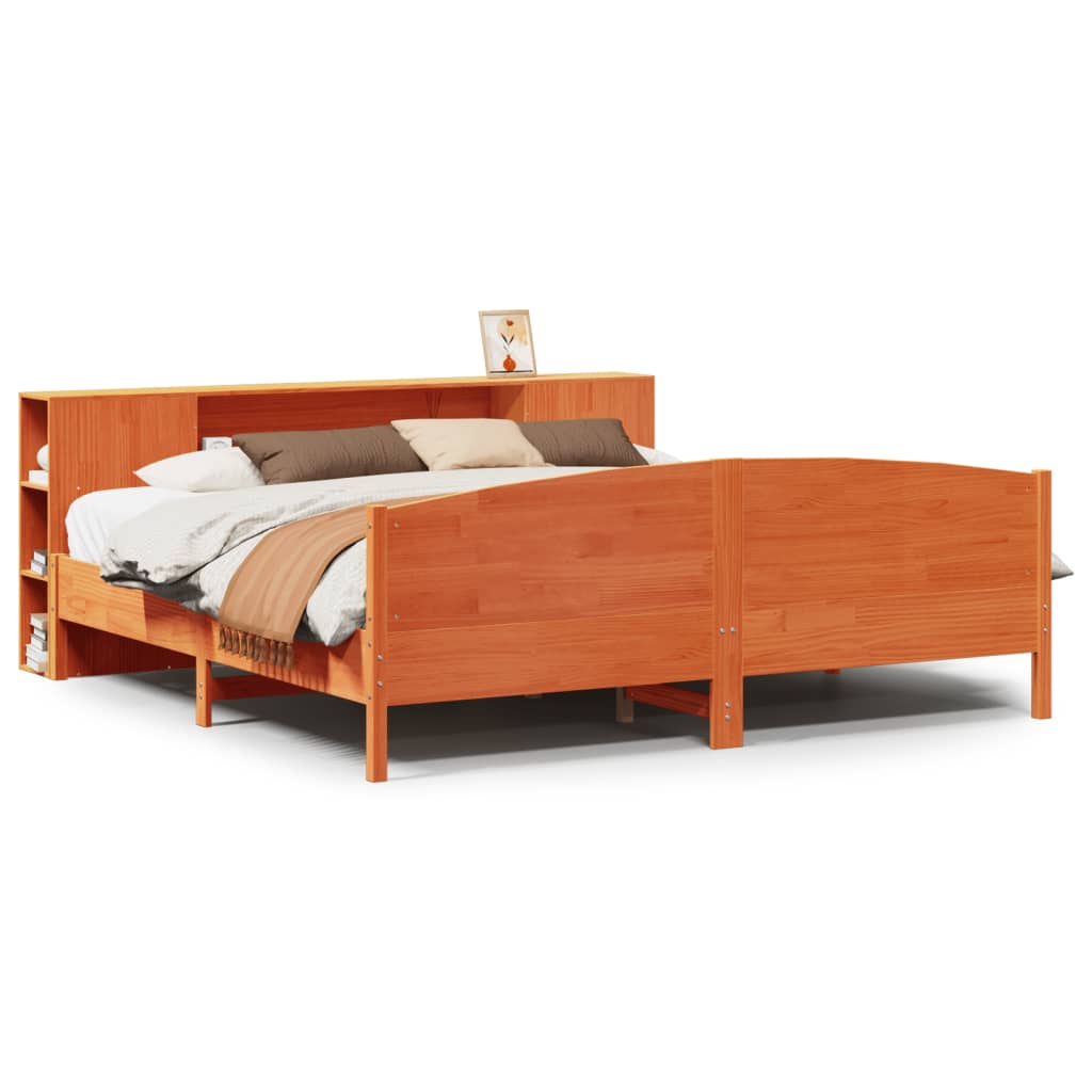 Lit bibliothèque sans matelas cire marron 200x200 cm pin massif - XIOS