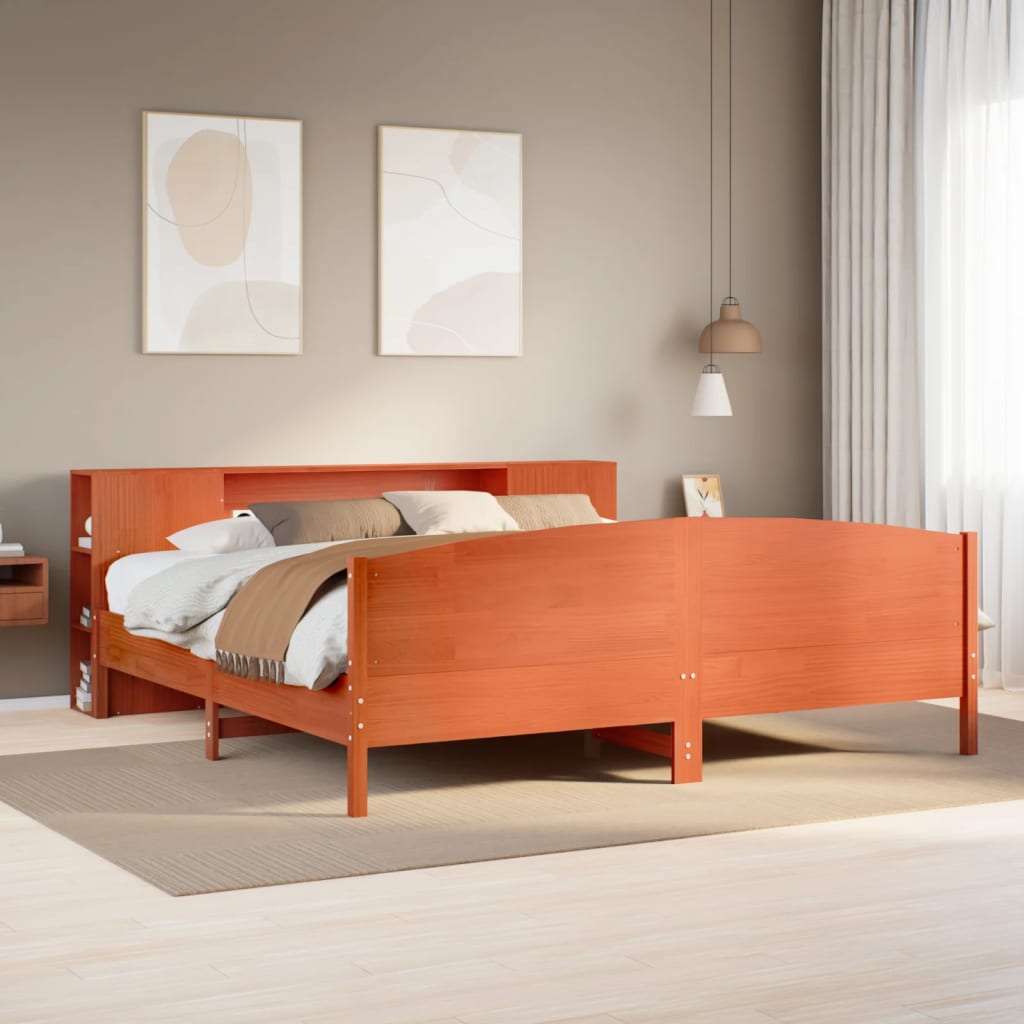 Lit bibliothèque sans matelas cire marron 200x200 cm pin massif - XIOS