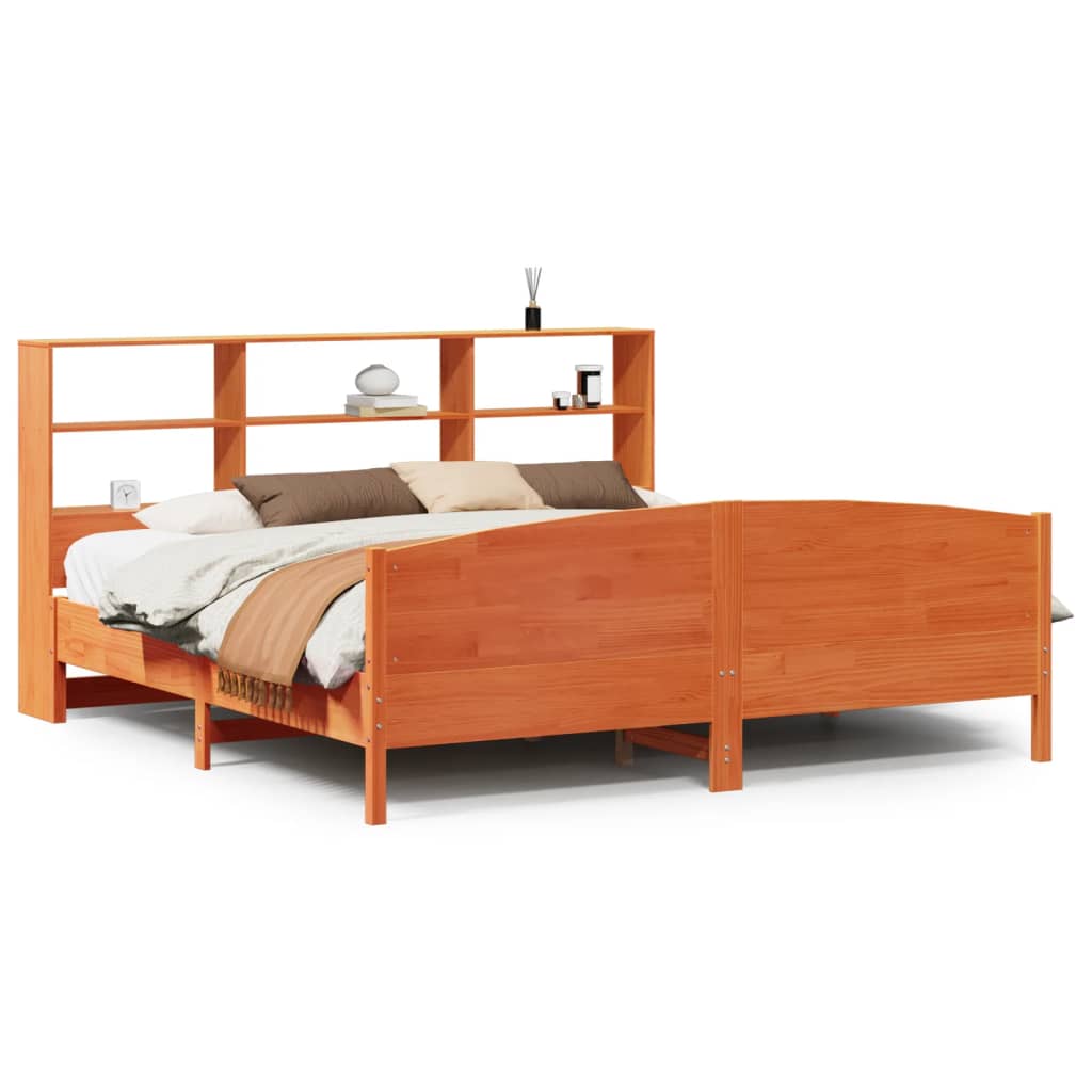 Lit bibliothèque sans matelas cire marron 200x200 cm pin massif - XIOS