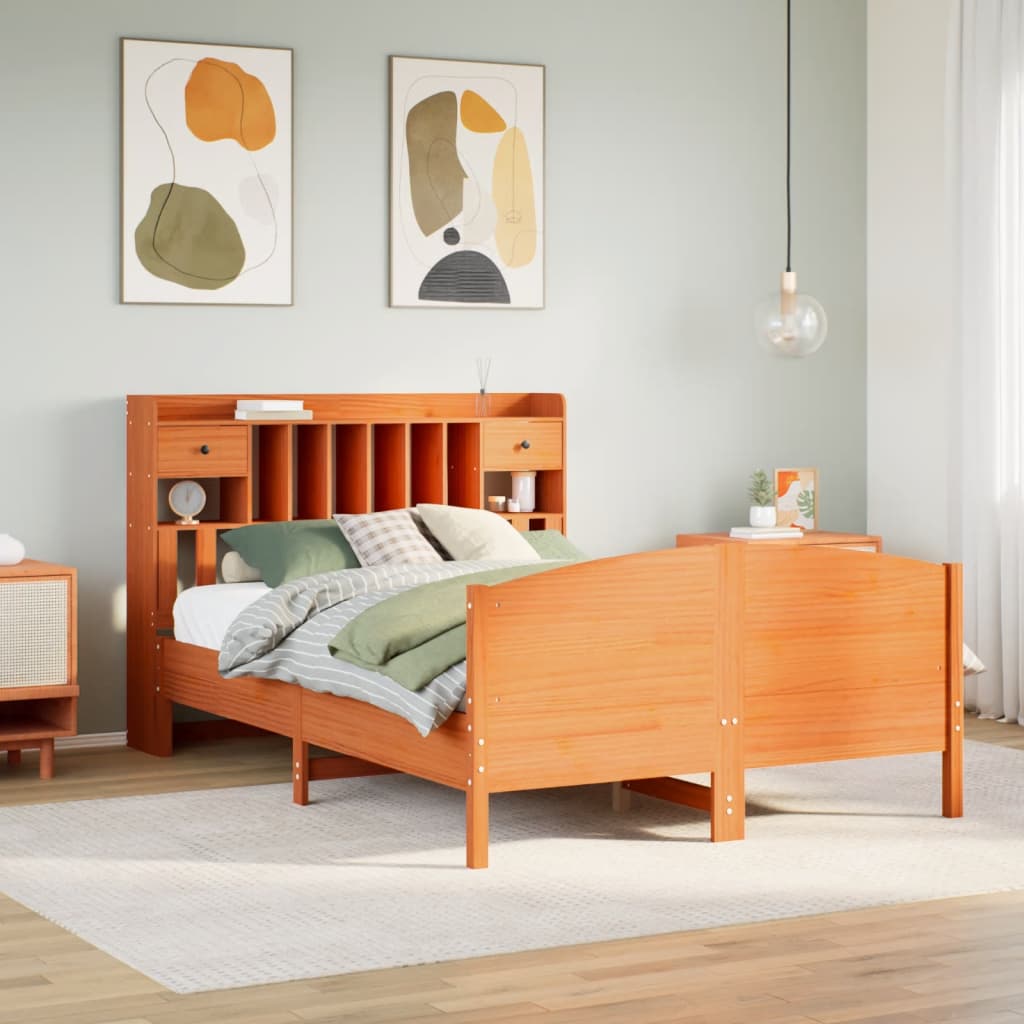 Lit bibliothèque sans matelas cire marron 150x200 cm pin massif - XIOS