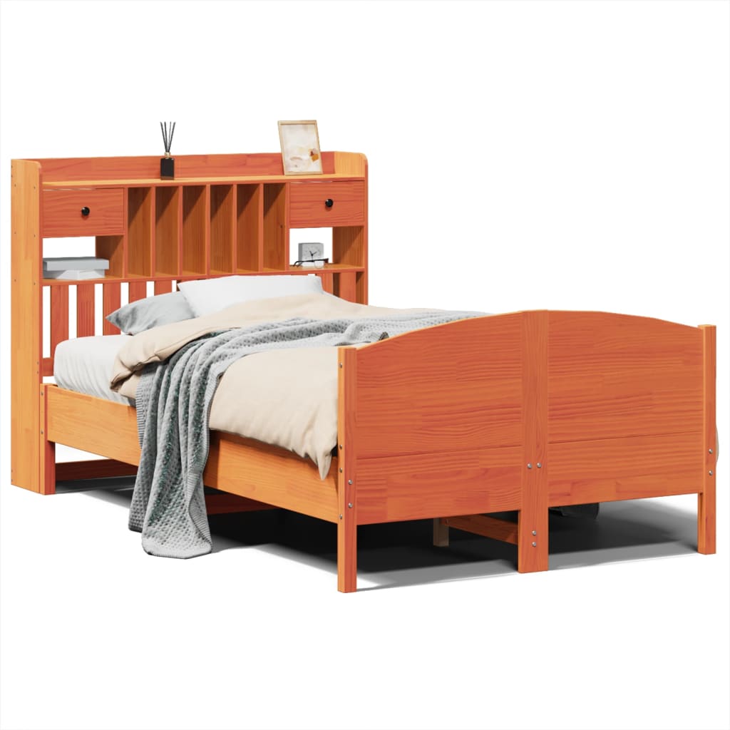 Lit bibliothèque sans matelas cire marron 135x190 cm pin massif - XIOS