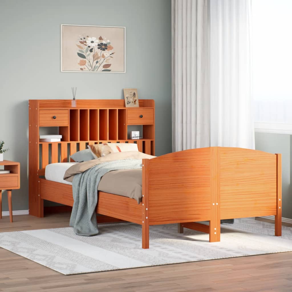 Lit bibliothèque sans matelas cire marron 135x190 cm pin massif - XIOS