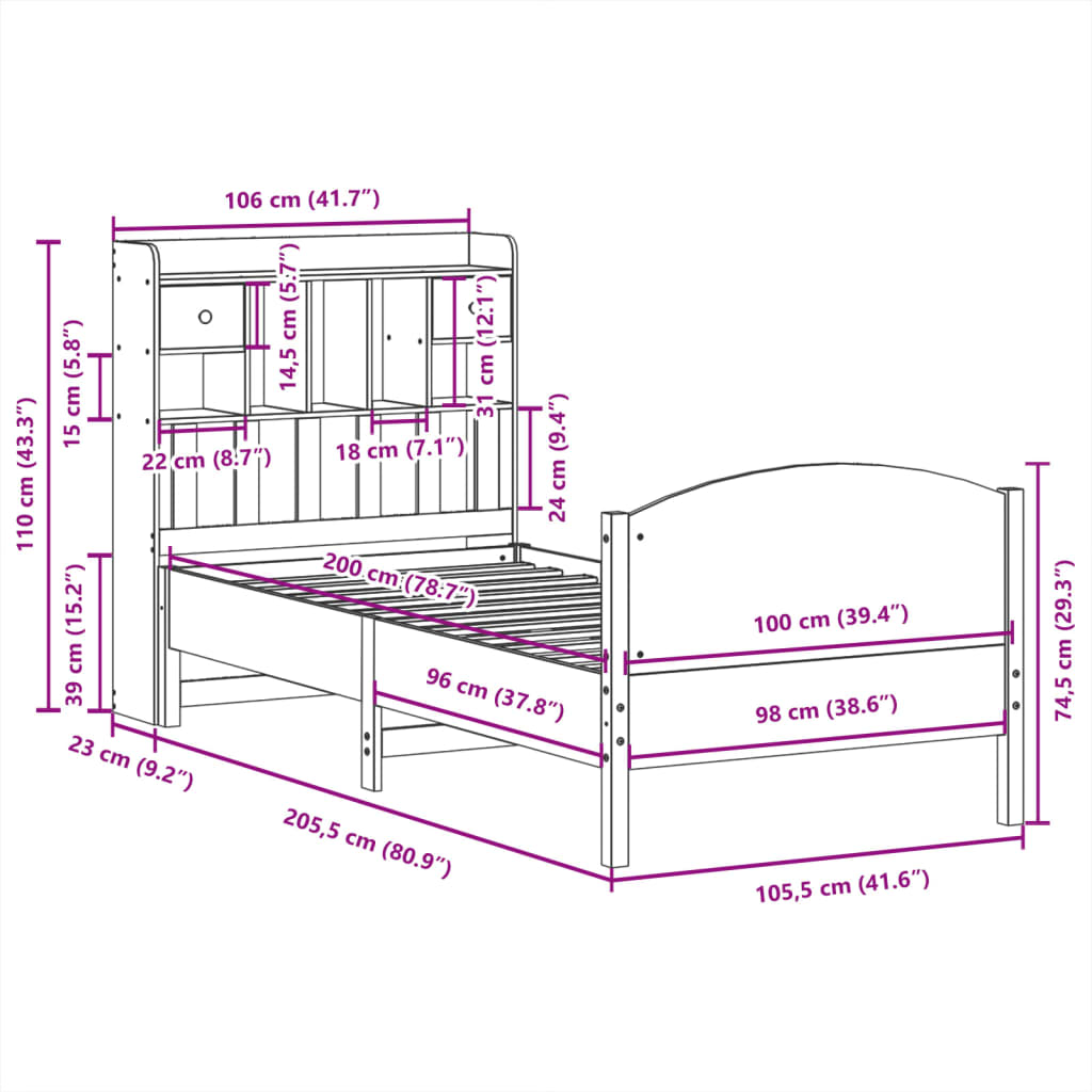 Lit bibliothèque sans matelas cire marron 100x200 cm pin massif - XIOS