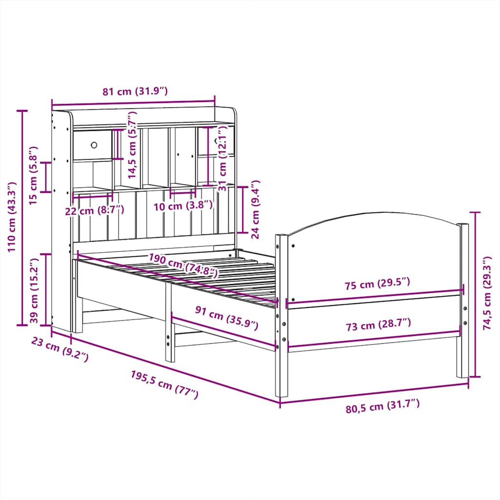 Lit bibliothèque sans matelas cire marron 75x190 cm pin massif - XIOS
