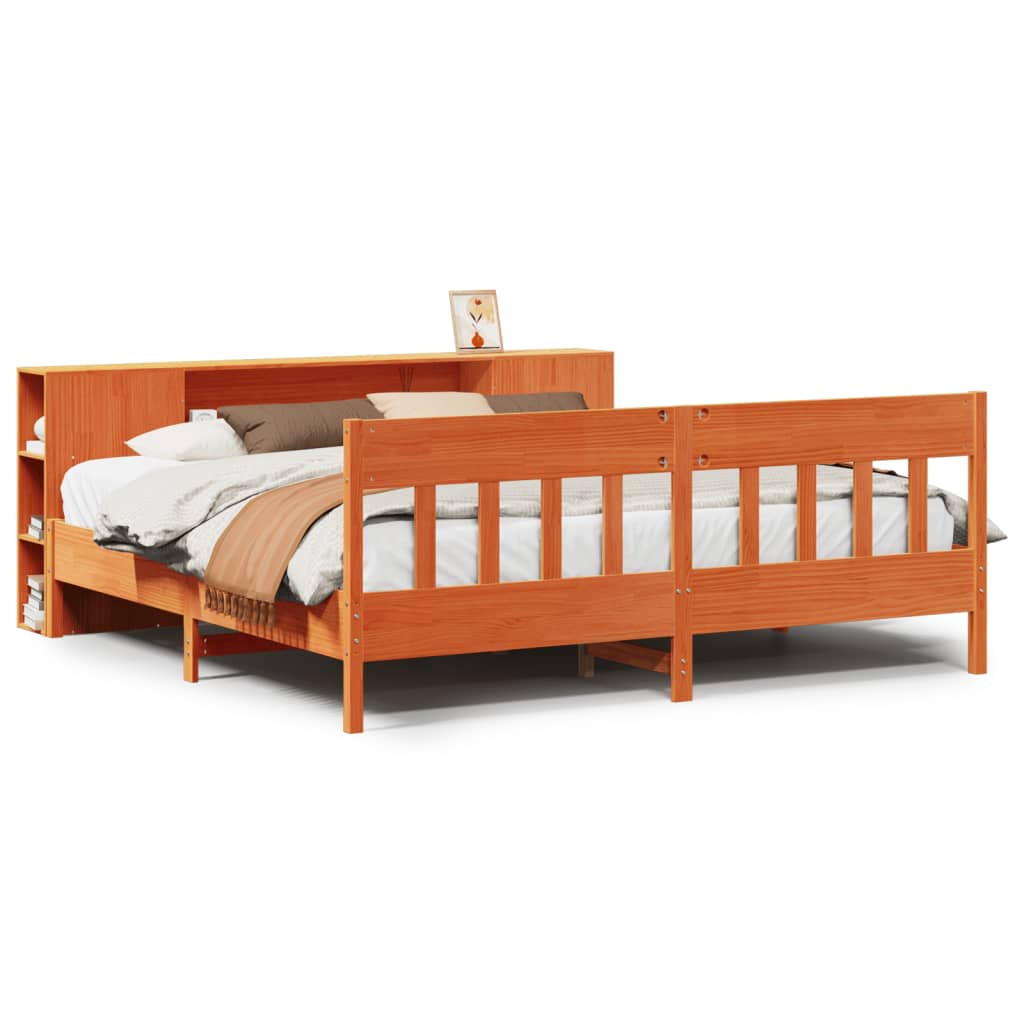 Lit bibliothèque sans matelas cire marron 200x200 cm pin massif - XIOS