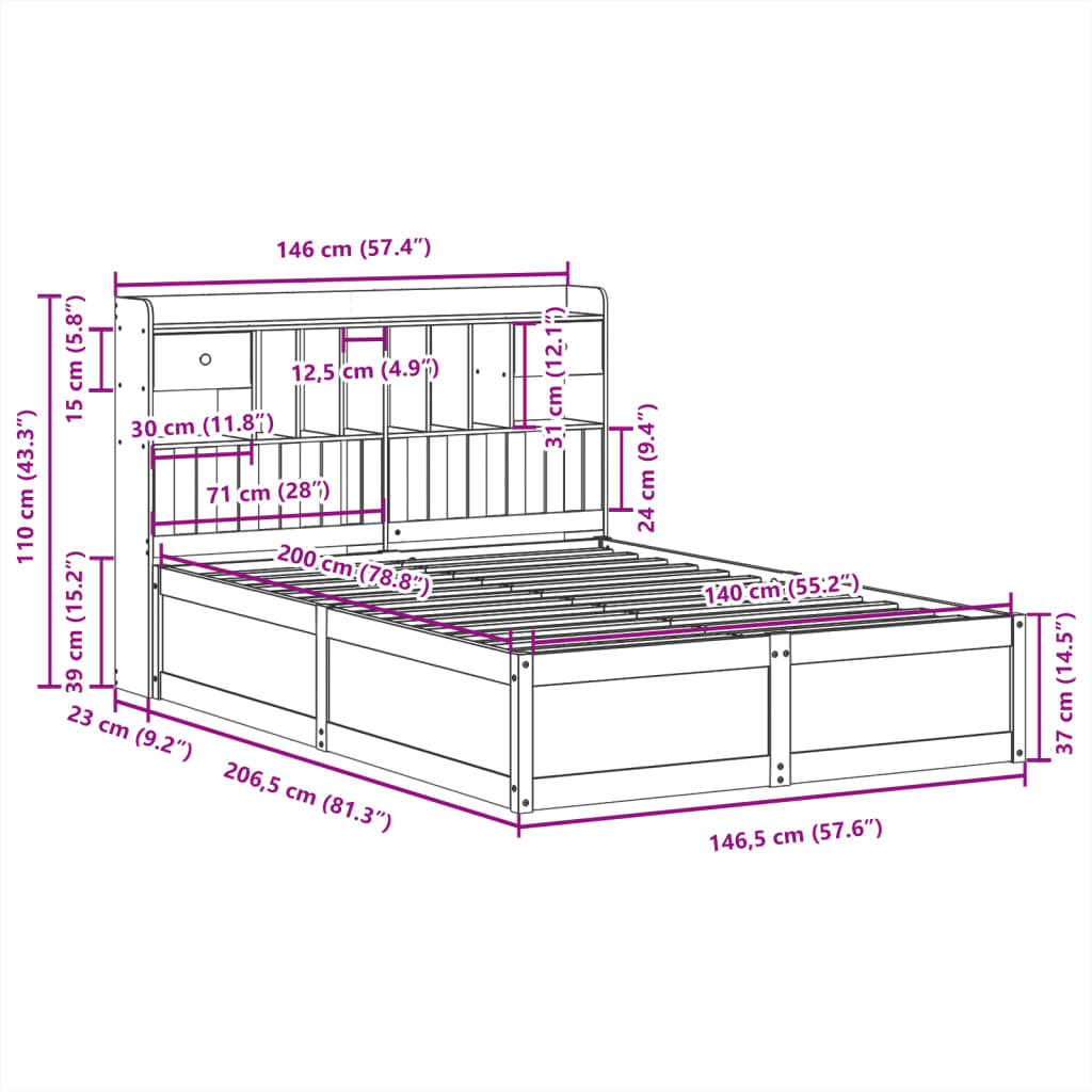 Cadre de lit sans matelas 140x200 cm bois massif de pin - XIOS