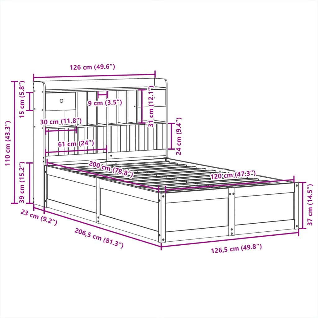 Cadre de lit sans matelas cire marron 120x200cm bois pin massif - XIOS