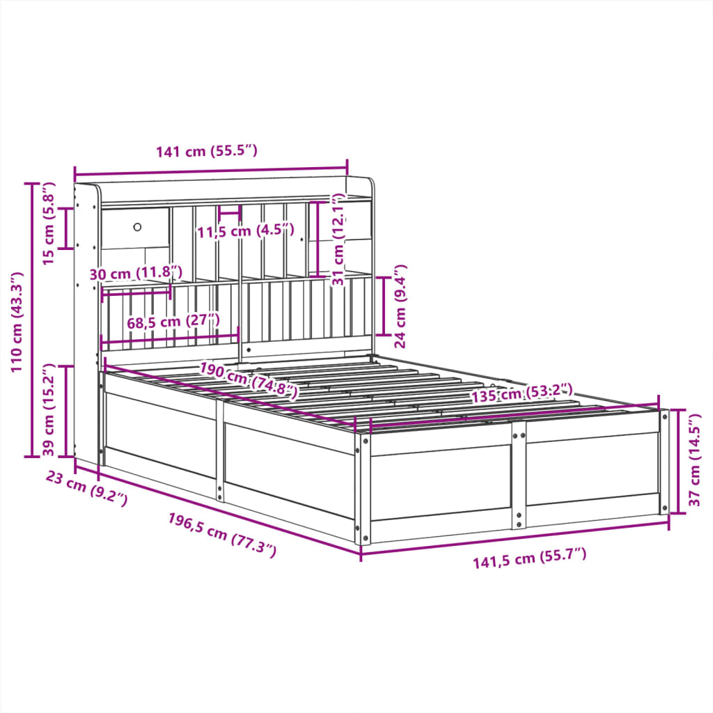 Cadre de lit sans matelas 135x190 cm bois de pin massif - XIOS