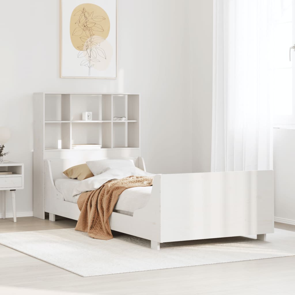 Lit bibliothèque sans matelas blanc 90x200 cm bois massif - XIOS