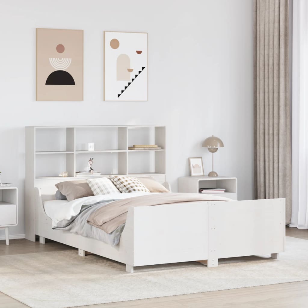 Lit bibliothèque sans matelas blanc 140x190 cm bois massif - XIOS