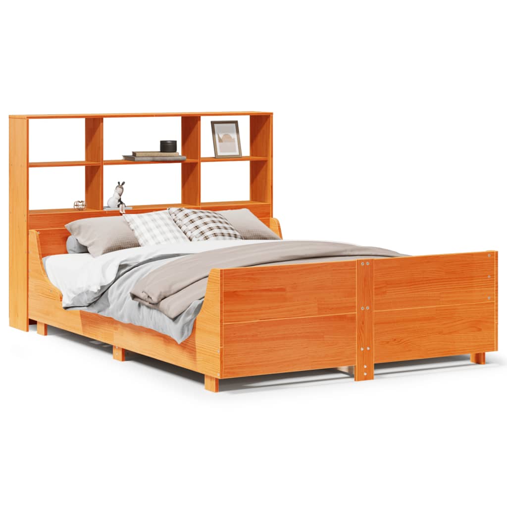 Lit bibliothèque sans matelas cire marron 135x190cm bois massif - XIOS