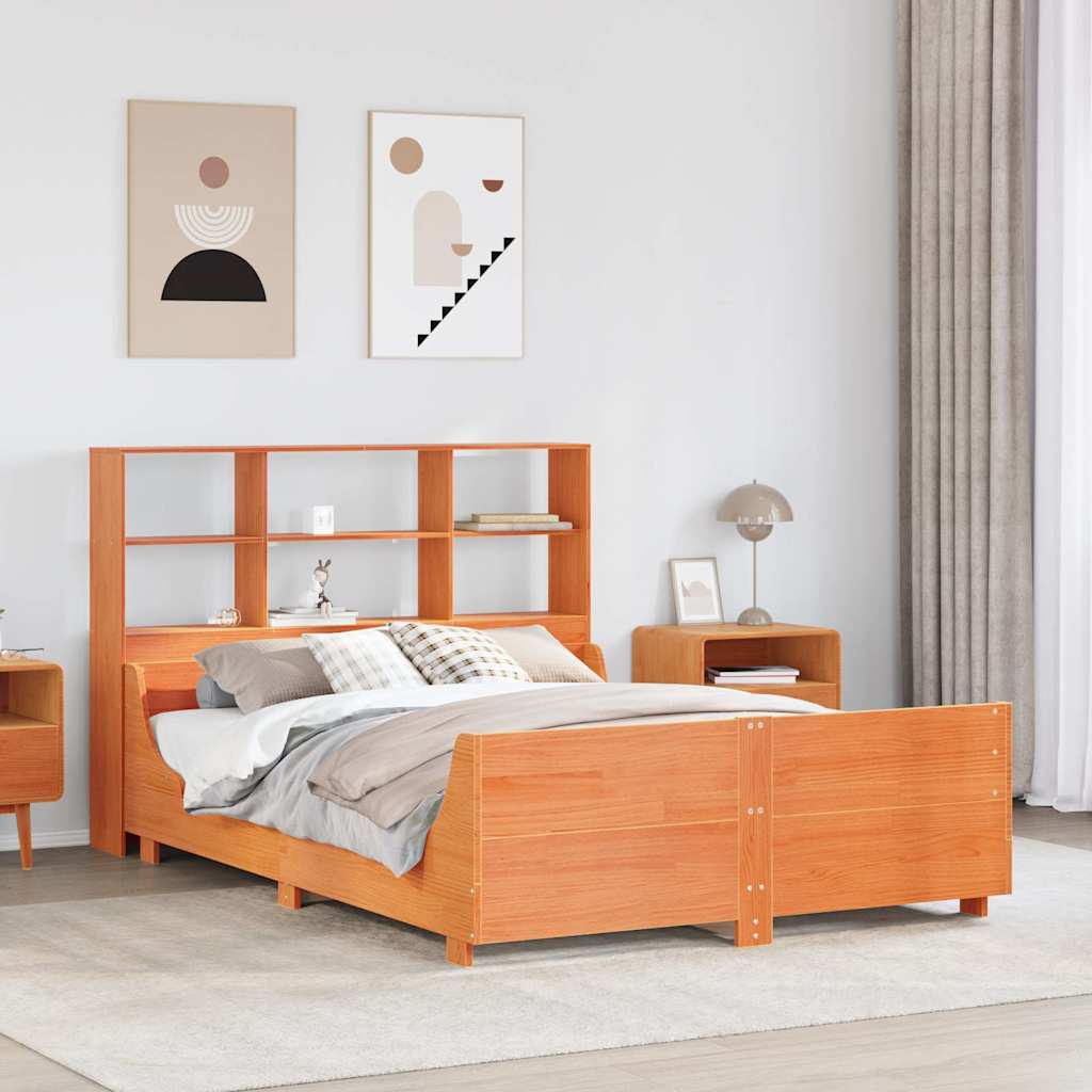 Lit bibliothèque sans matelas cire marron 135x190cm bois massif - XIOS