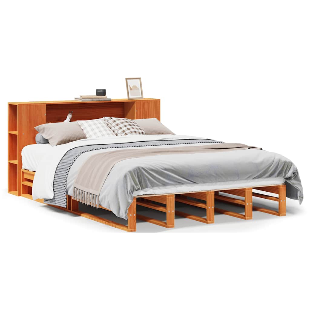 Lit bibliothèque sans matelas cire marron 150x200cm bois massif - XIOS