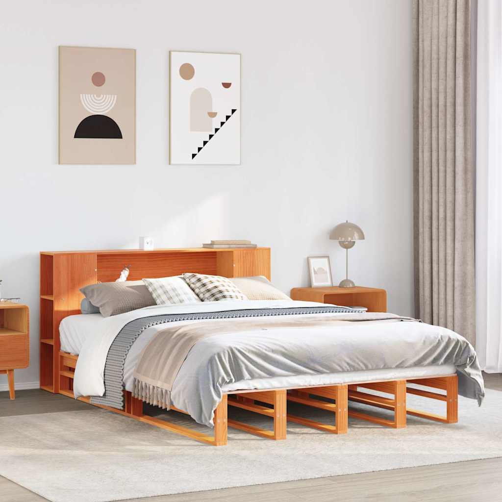 Lit bibliothèque sans matelas cire marron 140x190cm bois massif - XIOS