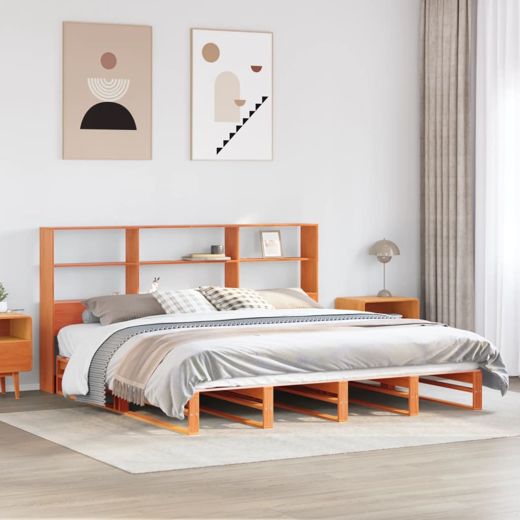 Lit bibliothèque sans matelas cire marron 180x200cm bois massif - XIOS