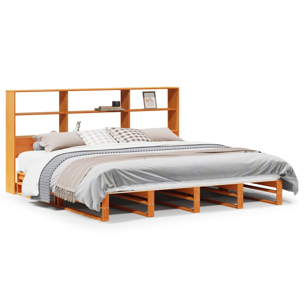 Lit bibliothèque sans matelas cire marron 200x200cm bois massif - XIOS
