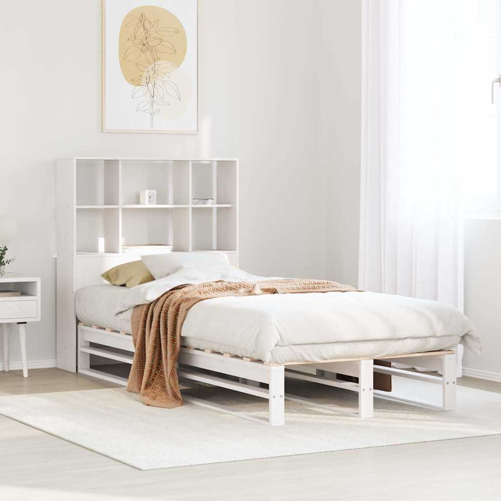 Lit bibliothèque sans matelas blanc 90x190 cm bois massif - XIOS