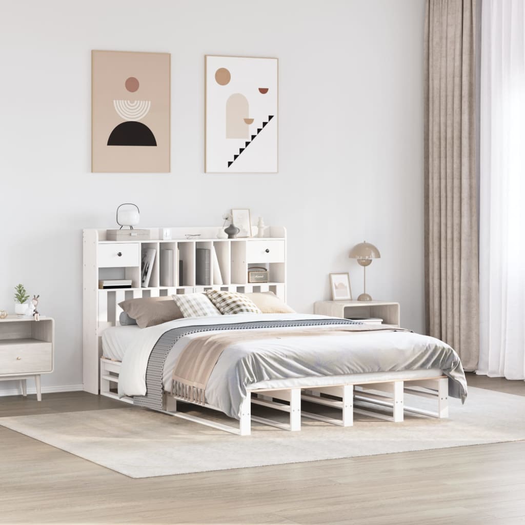 Lit bibliothèque sans matelas blanc 150x200 cm bois pin massif - XIOS