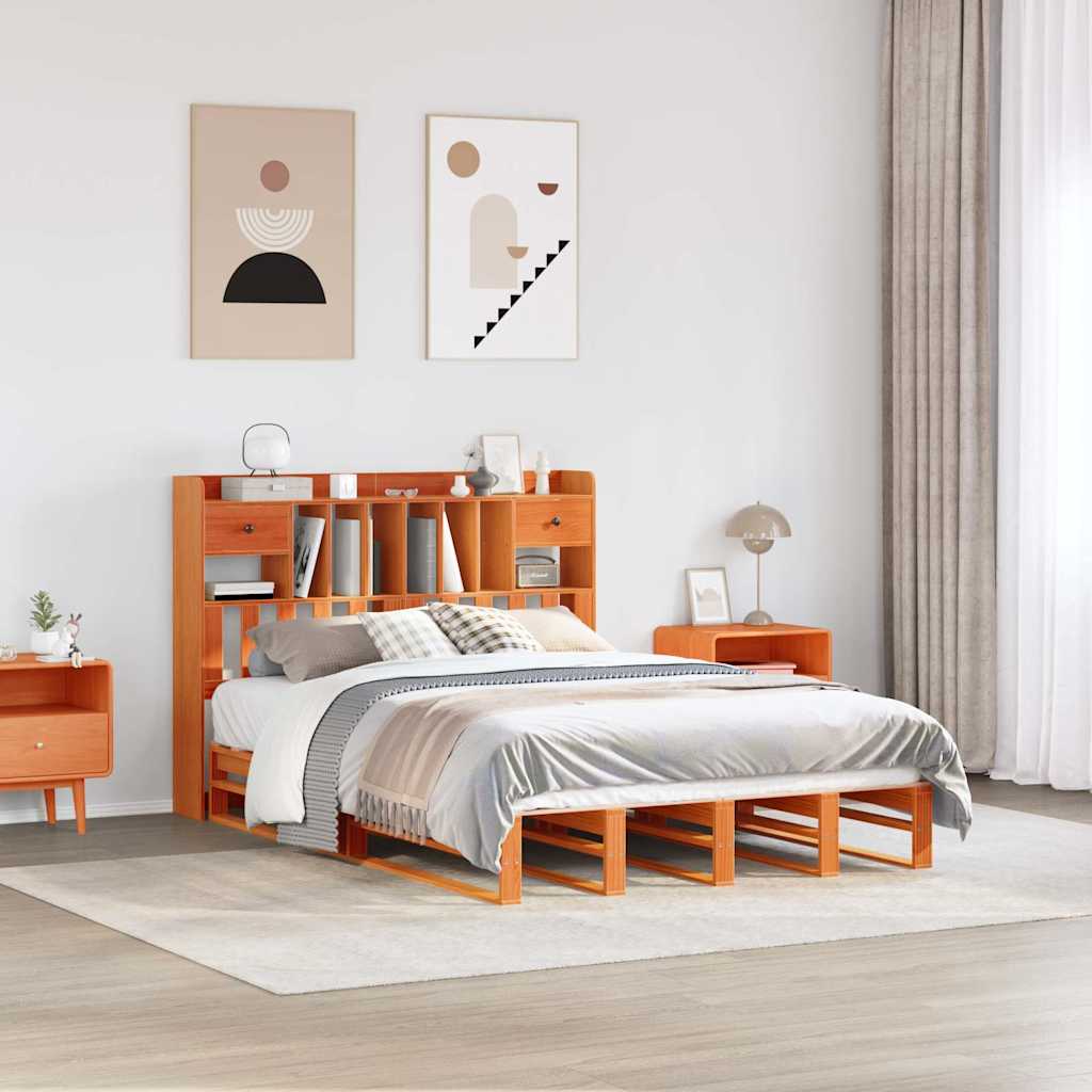 Lit bibliothèque sans matelas cire marron 150x200 cm pin massif - XIOS