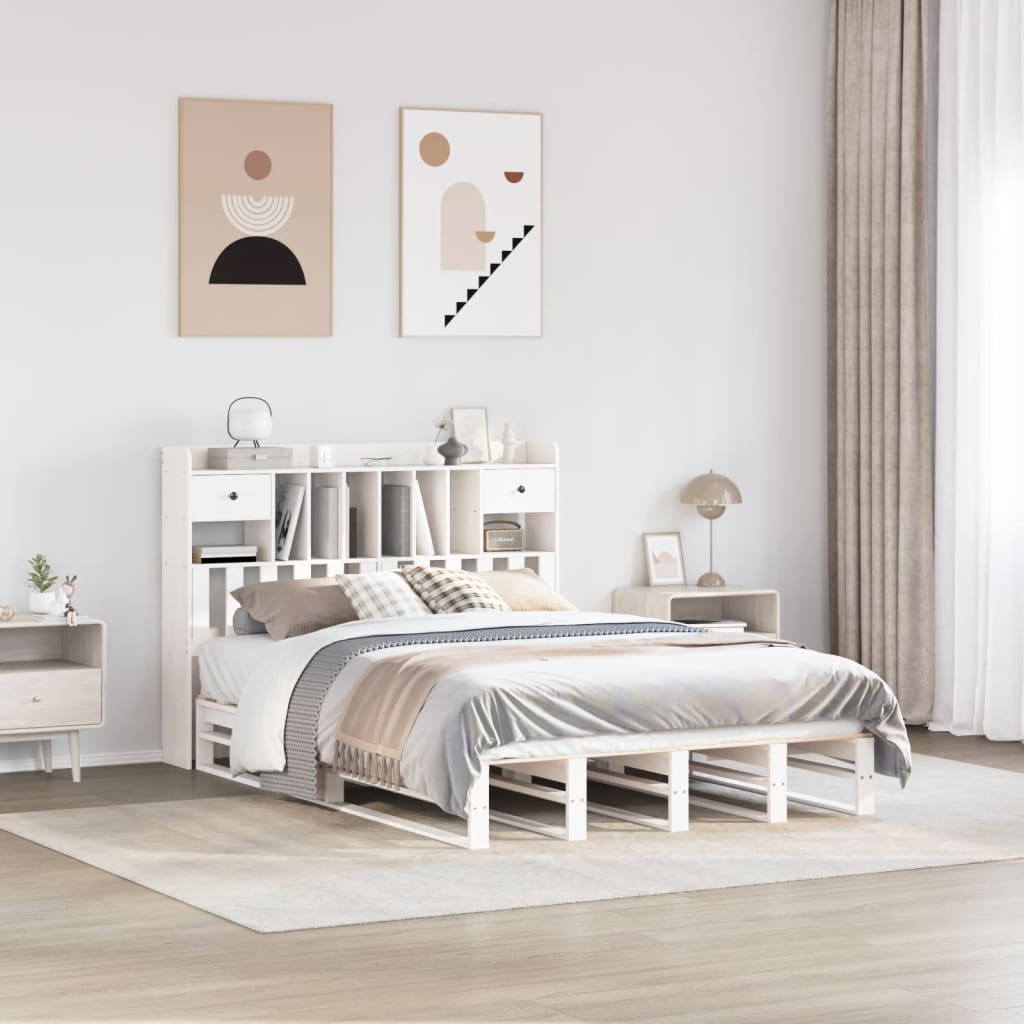 Lit bibliothèque sans matelas blanc 160x200 cm bois pin massif - XIOS