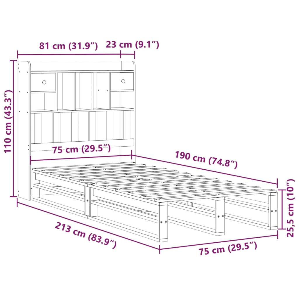Lit bibliothèque sans matelas cire marron 75x190 cm pin massif - XIOS