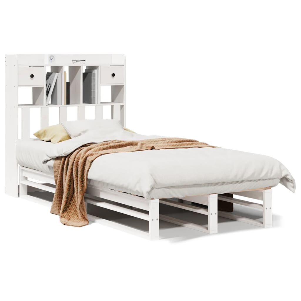 Lit bibliothèque sans matelas blanc 90x190cm bois de pin massif - XIOS