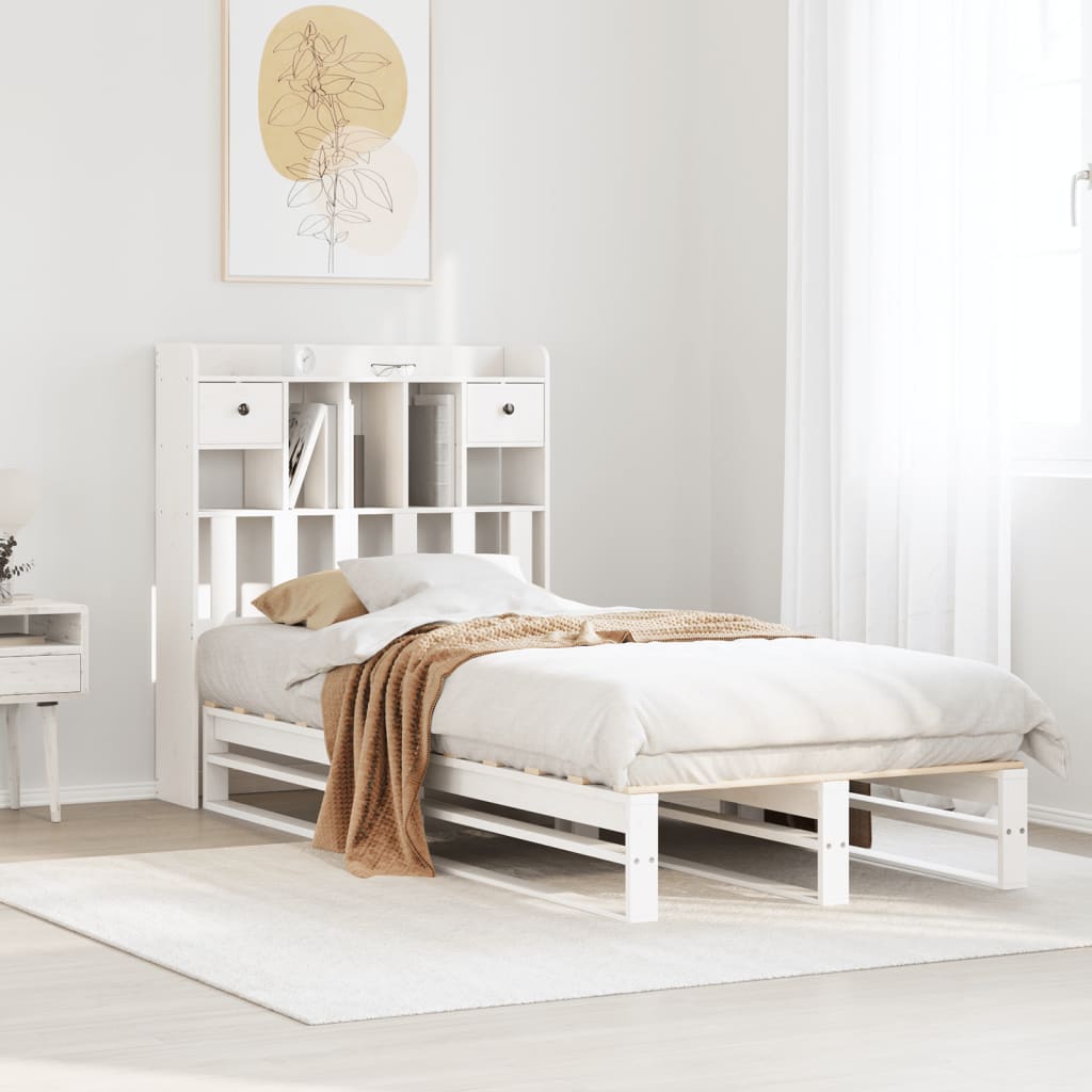 Lit bibliothèque sans matelas blanc 90x190cm bois de pin massif - XIOS