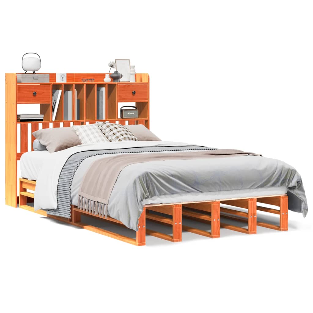 Lit bibliothèque sans matelas cire marron 135x190 cm pin massif - XIOS