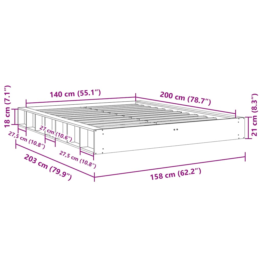 Cadre de lit sans matelas 140x200 cm bois massif de chêne - XIOS