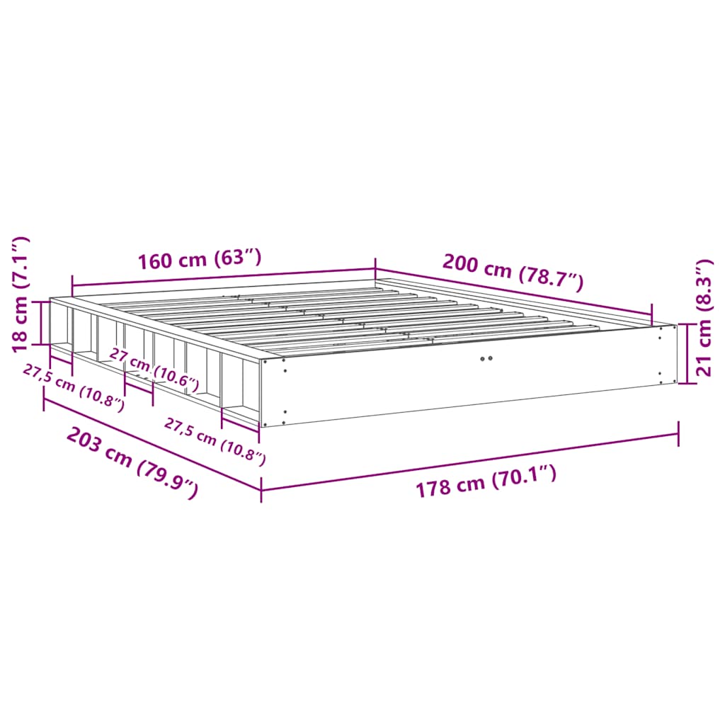 Cadre de lit sans matelas 160x200 cm bois massif de chêne - XIOS