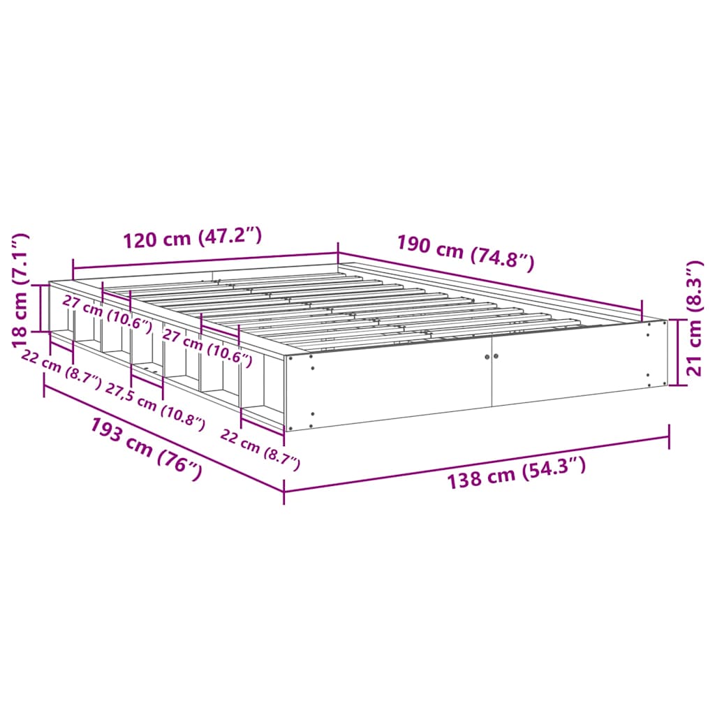 Cadre de lit sans matelas 120x190 cm bois massif de chêne - XIOS