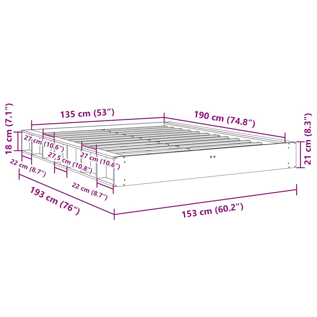 Cadre de lit sans matelas 135x190 cm bois massif de chêne - XIOS