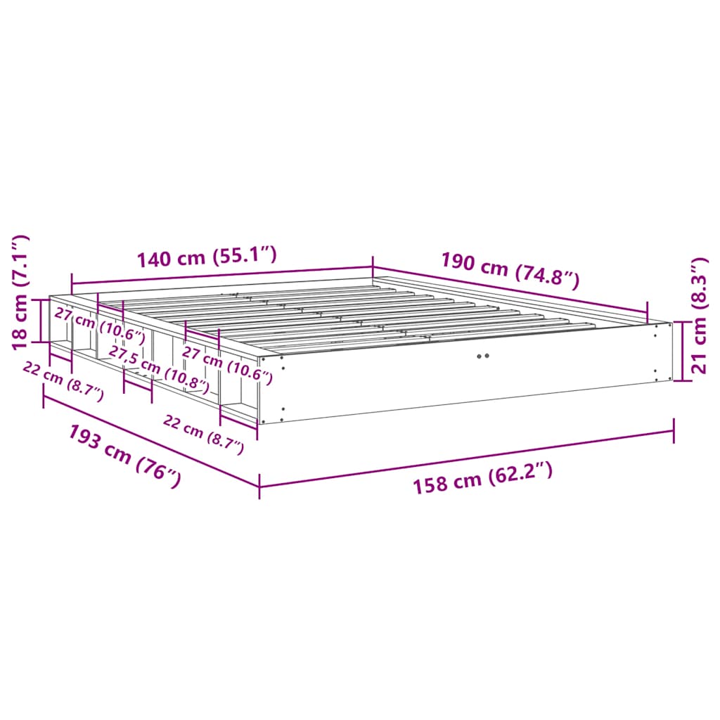 Cadre de lit sans matelas 140x190 cm bois massif de chêne - XIOS