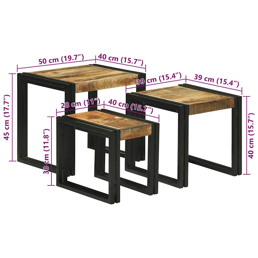 Table Gigogne 3 pcs Marron et noir Bois de manguier brut massif - XIOS