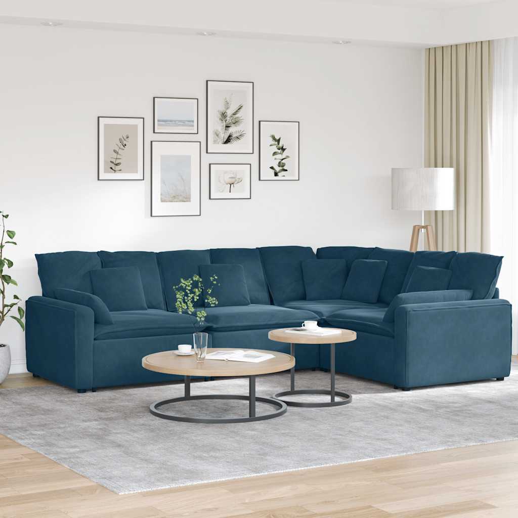 Canapé modulable avec coussins velours bleu