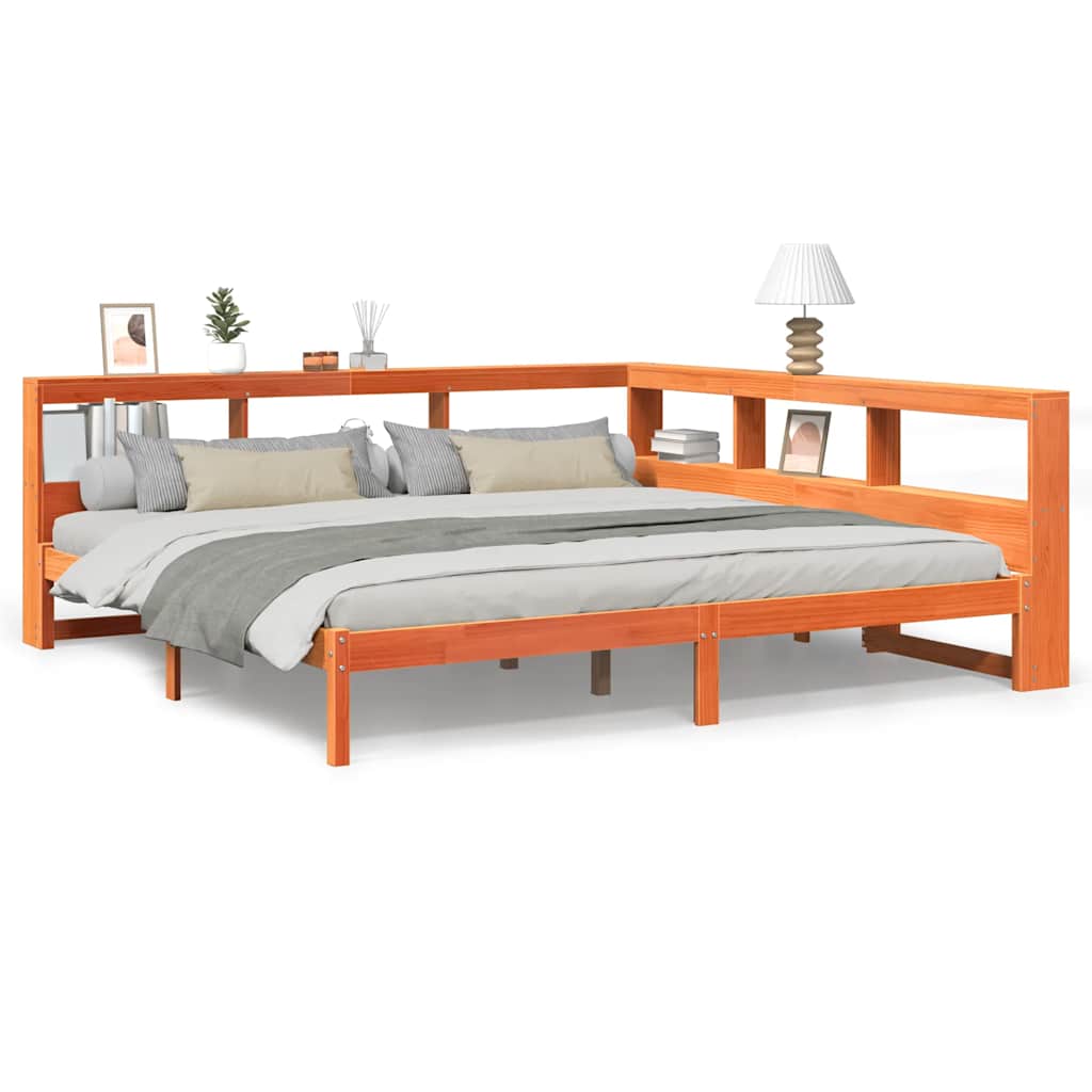 Lit bibliothèque sans matelas cire marron 200x200 cm pin massif - XIOS