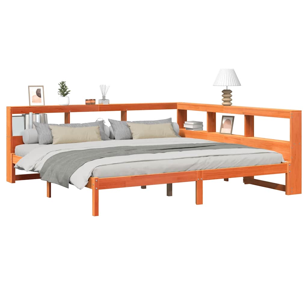 Lit bibliothèque sans matelas cire marron 200x200 cm pin massif - XIOS