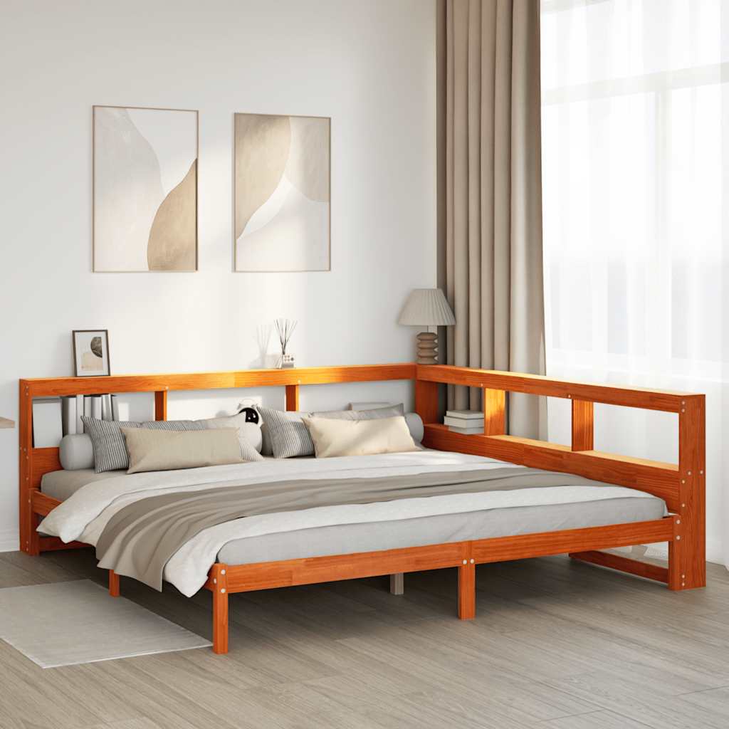 Lit bibliothèque sans matelas cire marron 200x200 cm pin massif - XIOS