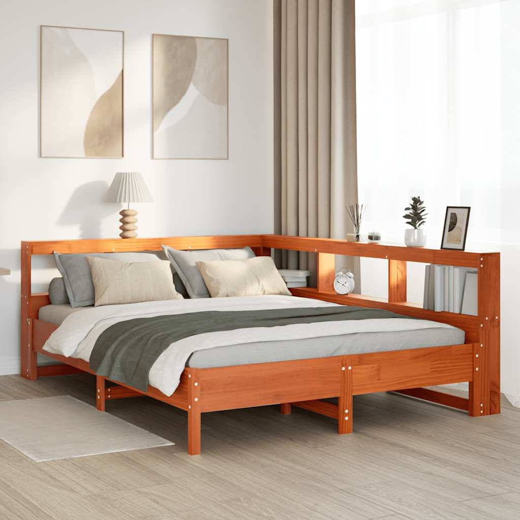 Lit bibliothèque sans matelas cire marron 160x200 cm pin massif - XIOS
