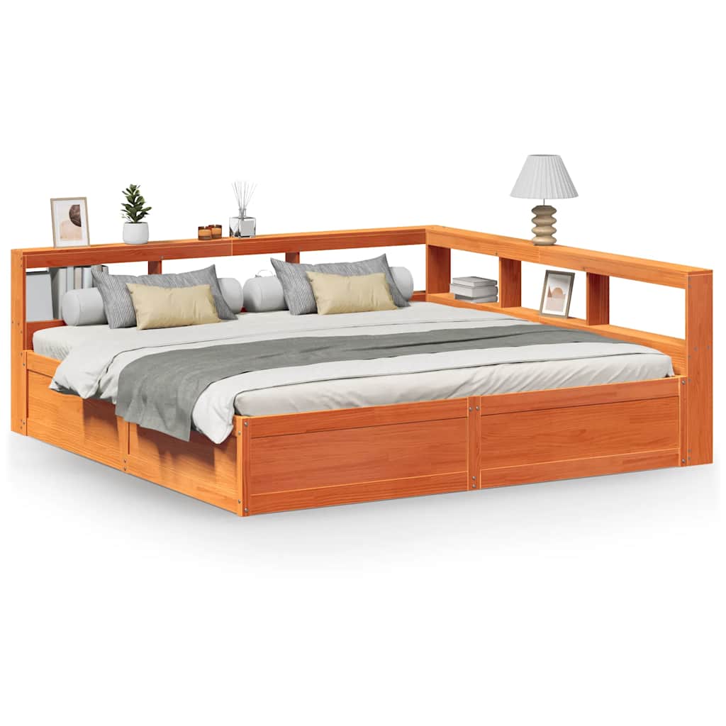 Lit bibliothèque sans matelas cire marron 180x200 cm pin massif - XIOS