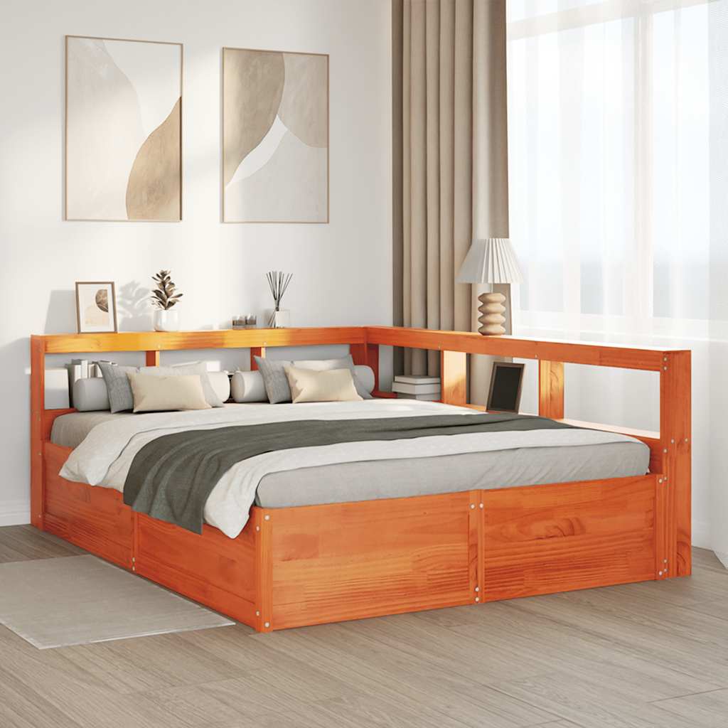 Lit bibliothèque sans matelas cire marron 160x200 cm pin massif - XIOS