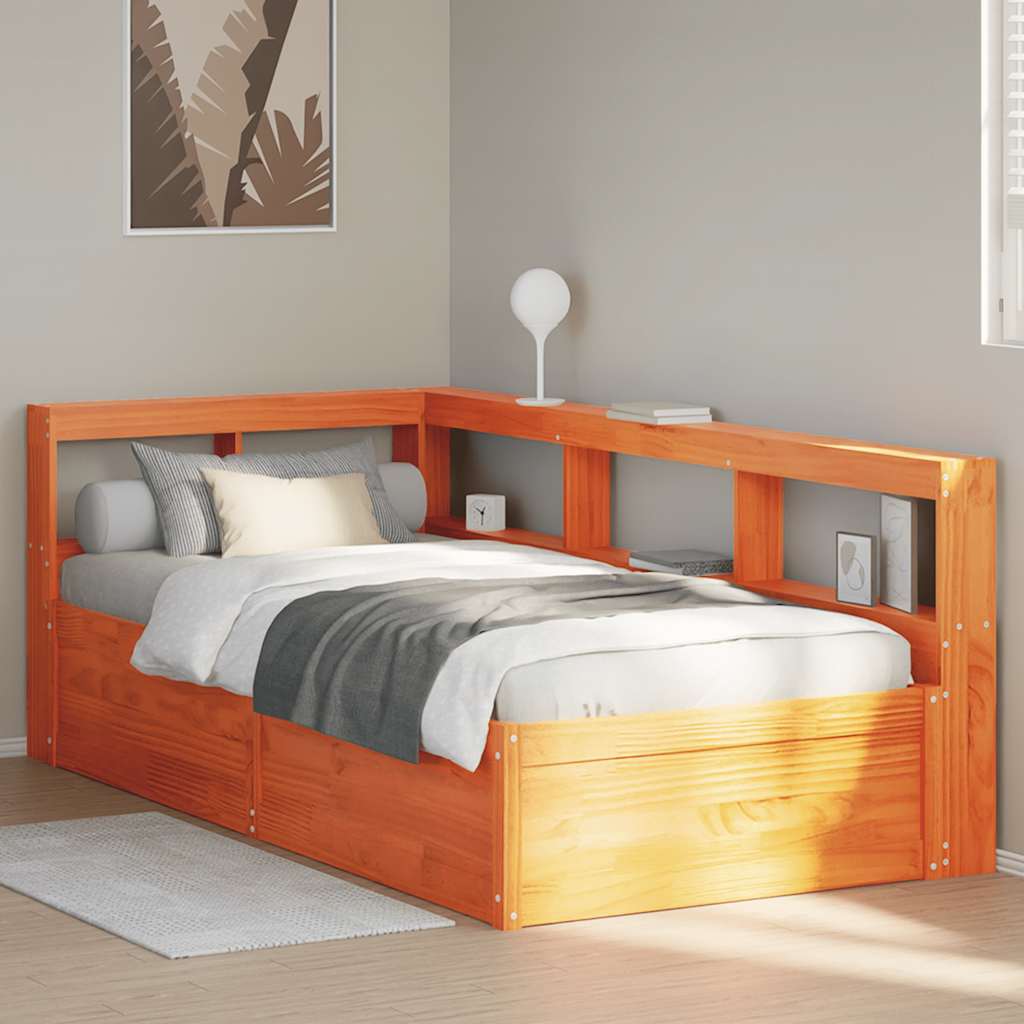 Lit bibliothèque sans matelas cire marron 100x200 cm pin massif - XIOS