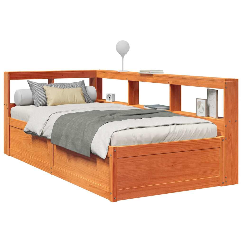 Lit bibliothèque sans matelas cire marron 90x200 cm pin massif - XIOS