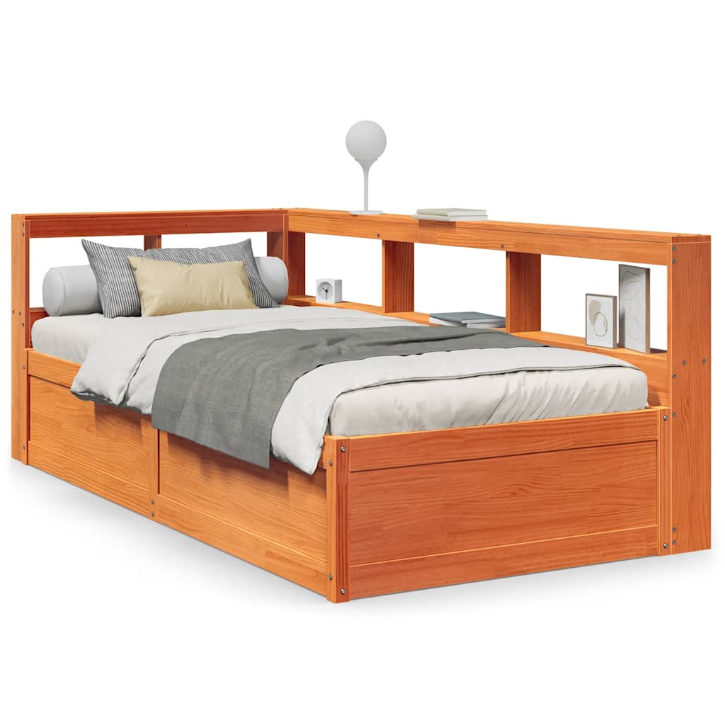 Lit bibliothèque sans matelas cire marron 90x190 cm pin massif - XIOS