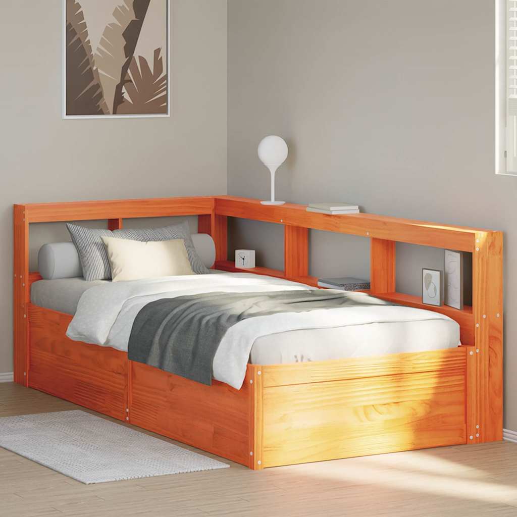 Lit bibliothèque sans matelas cire marron 90x190 cm pin massif - XIOS