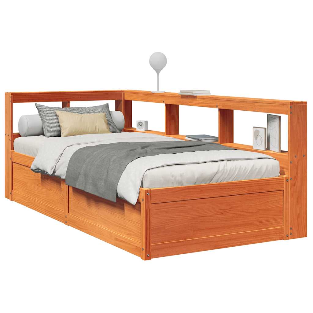Lit bibliothèque sans matelas cire marron 90x190 cm pin massif - XIOS